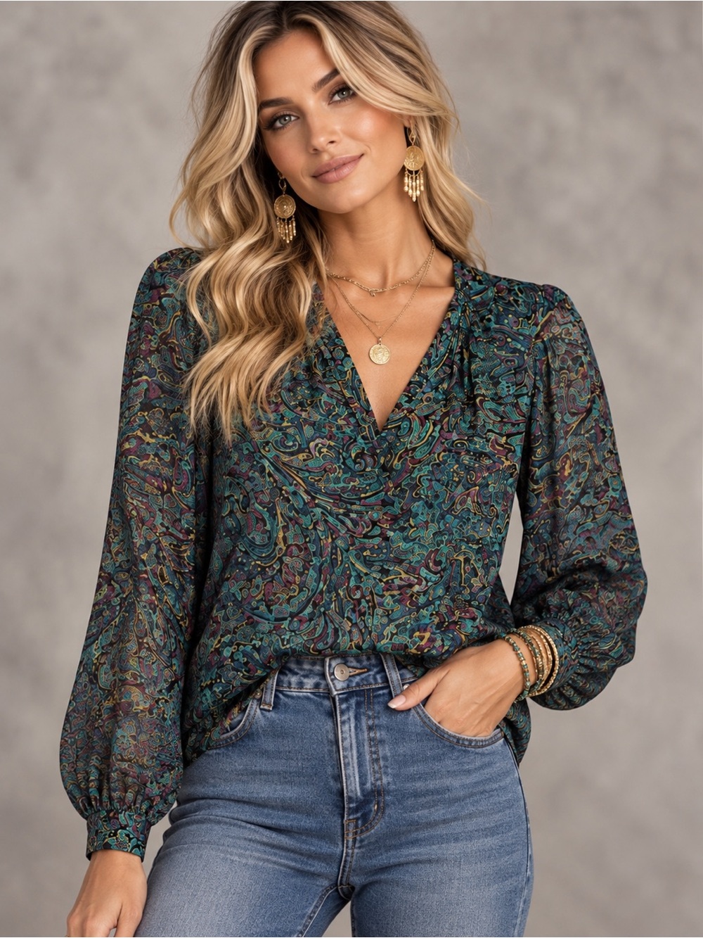 Shoshanna Teal & Multicolor Paisley V-Neck Blouse